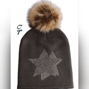 Brown Knit Beanie with Fur Pom Pom
